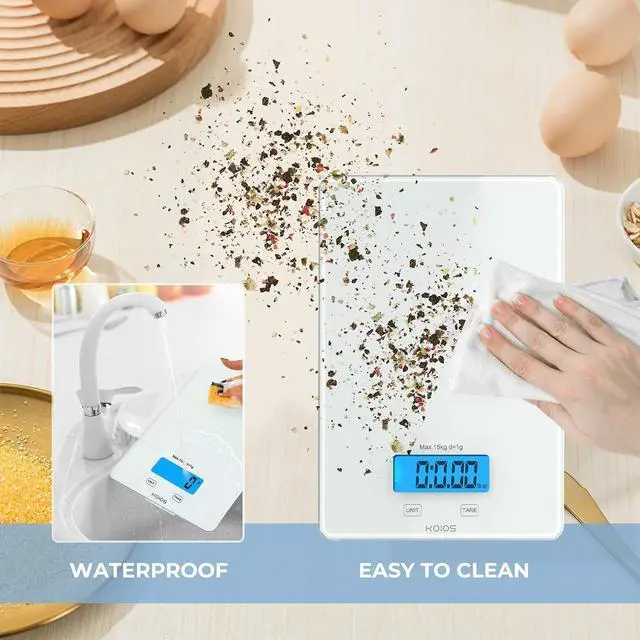 Alt view image 7 of 7 - KOIOS USB Rechargeable Food Scale, 33lb/15Kg Kitchen Scale Digital Weight Grams and oz for Cooking Baking, 1g/0.1oz Precise Graduation, Waterproof Tempered Glass, 6 Weight Units, Tare Function