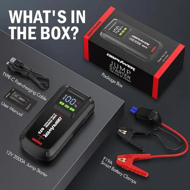 Alt view image 6 of 6 - DBPOWER Jump Starter 2000A Peak Portable Car Jump Starter for Up to 8.0L Gas and 6.5L Diesel Engines, 12V Lithium Battery Booster Pack with 2.5" LCD Display, Smart Jumper Cables and LED Light