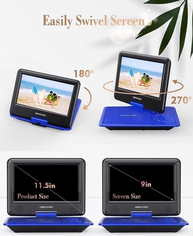 Alt view image 2 of 7 - DBPOWER 11.5" Portable DVD Player, 5-Hour Built-in Rechargeable Battery, with 9" Swivel Screen, Support CD/DVD/SD Card/USB, with Remote control, 1.8M Car Charger and Power Adaptor (Blue)
