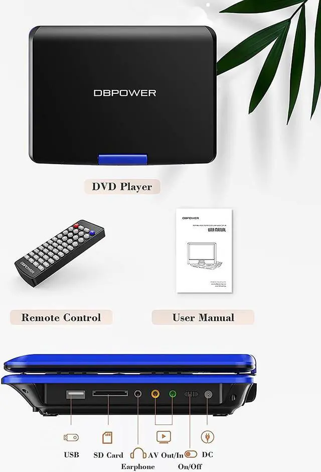 Alt view image 7 of 7 - DBPOWER 11.5" Portable DVD Player, 5-Hour Built-in Rechargeable Battery, with 9" Swivel Screen, Support CD/DVD/SD Card/USB, with Remote control, 1.8M Car Charger and Power Adaptor (Blue)