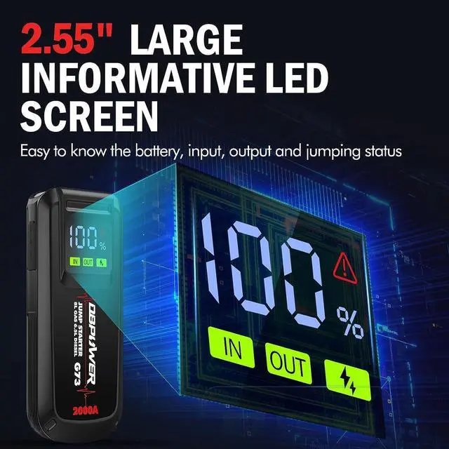 Alt view image 4 of 6 - DBPOWER Jump Starter 2000A Peak Portable Car Jump Starter for Up to 8.0L Gas and 6.5L Diesel Engines, 12V Lithium Battery Booster Pack with 2.5" LCD Display, Smart Jumper Cables and LED Light