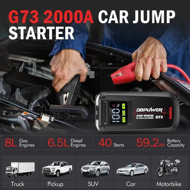 Alt view image 2 of 6 - DBPOWER Jump Starter 2000A Peak Portable Car Jump Starter for Up to 8.0L Gas and 6.5L Diesel Engines, 12V Lithium Battery Booster Pack with 2.5" LCD Display, Smart Jumper Cables and LED Light