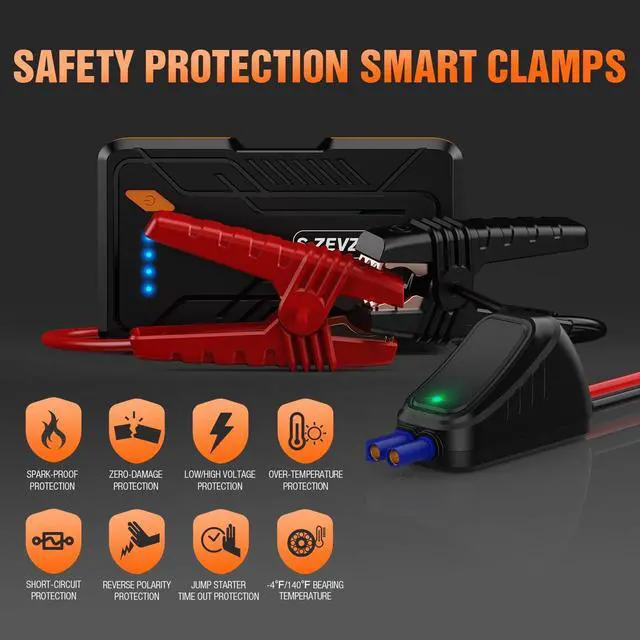 Alt view image 3 of 7 - S ZEVZO Jump Starter 1000A Peak Portable Jump Starter for Car (Up to 7.0L Gas/5.5L Diesel Engine) 12V Auto Battery Booster Pack with Smart Clamp Cables, USB Charge, LED Flashlight Jump Box
