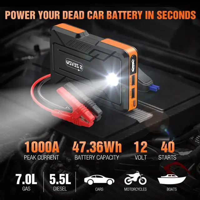 Alt view image 2 of 7 - S ZEVZO Jump Starter 1000A Peak Portable Jump Starter for Car (Up to 7.0L Gas/5.5L Diesel Engine) 12V Auto Battery Booster Pack with Smart Clamp Cables, USB Charge, LED Flashlight Jump Box