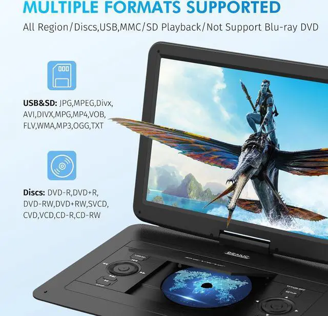 Alt view image 2 of 7 - DEVINC 17.9" Portable DVD Player with 15.6" HD Swivel Screen, Support Multiple DVD CD Formats/USB/SD Card/Sync TV, 6 Hours Rechargeable Battery, Car Charger, Remote Control, Region Free