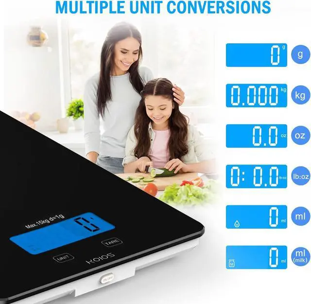 Alt view image 5 of 7 - KOIOS Food Scale, 33lb/15Kg Digital Kitchen Scale for Food Ounces and Grams Cooking Baking, 1g/0.1oz Precise Graduation, Waterproof Tempered Glass, USB Rechargeable, 6 Weight Units, Tare Function