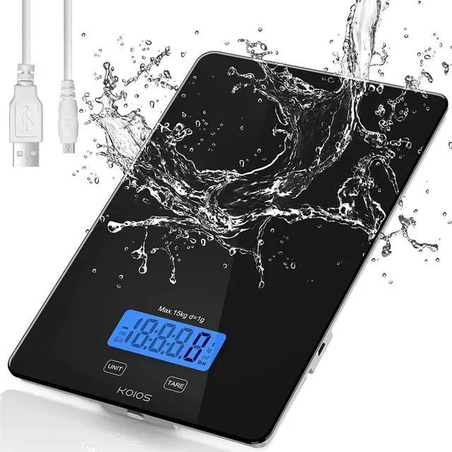 Main image of KOIOS Food Scale, 33lb/15Kg Digital Kitchen Scale for Food Ounces and Grams Cooking Baking, 1g/0.1oz Precise Graduation, Waterproof Tempered Glass, USB Rechargeable, 6 Weight Units, Tare Function