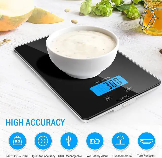 Alt view image 4 of 7 - KOIOS Food Scale, 33lb/15Kg Digital Kitchen Scale for Food Ounces and Grams Cooking Baking, 1g/0.1oz Precise Graduation, Waterproof Tempered Glass, USB Rechargeable, 6 Weight Units, Tare Function
