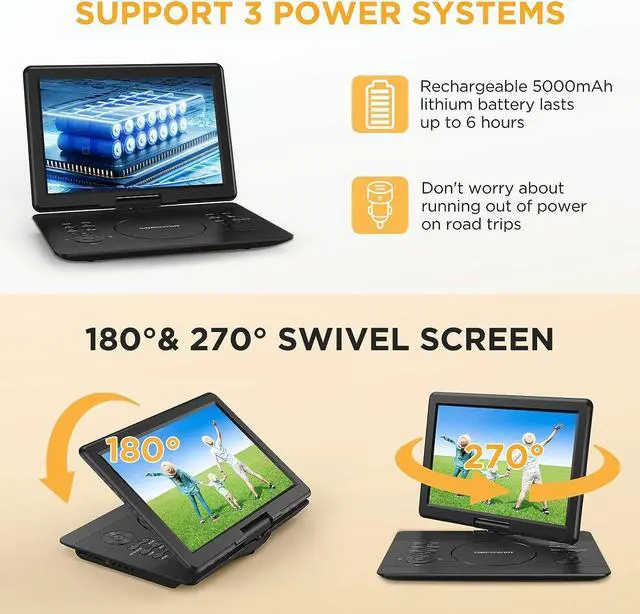 Alt view image 5 of 7 - DBPOWER 16.9" Portable DVD Player with 14.1" HD Swivel Large Screen, Support DVD/USB/SD Card and Multiple Disc Formats, 6 Hrs 5000mAH Rechargeable Battery, Sync TV/Projector, High Volume Speaker