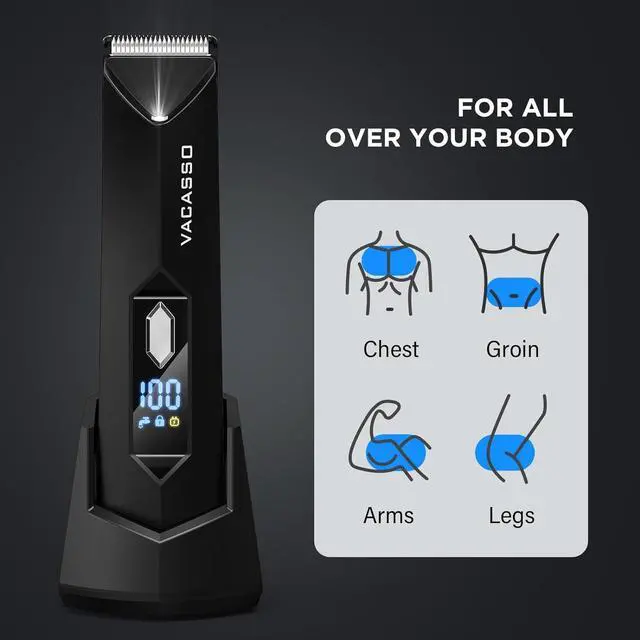 Alt view image 6 of 7 - VACASSO Electric Body Hair Trimmer for Men Ball/Pubic/Groin,Body Shavers for Men w/Light&LED Display,Waterproof Wet/Dry Clippers,Male Hygiene Grooming Razor w/USB Recharge Dock,Ceramic Blade Head