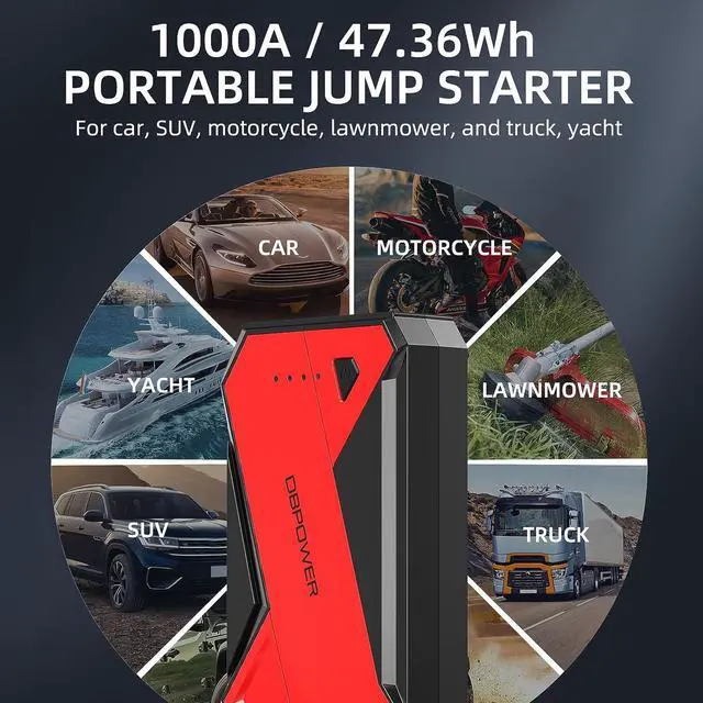 Alt view image 3 of 7 - DBPOWER 1000A Portable Car Jump Starter (UP to 7.0L Gas, 5.5L Diesel Engine), 12V Lithium-Ion Auto Battery Booster, Power Pack with LCD Screen Clamp Cables,USB Quick Charge, LED Flashlight