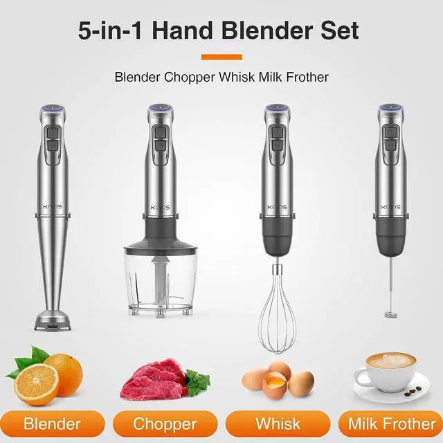 Alt view image 4 of 7 - KOIOS 1100W Immersion Hand Blender, Stainless Steel Stick Blender with 12-Speed & Turbo Mode, 5-in-1 Handheld Blender with 600ml Mixing Beaker with Lid, 500ml Chopper, Whisk, Milk Frother, BPA-Free