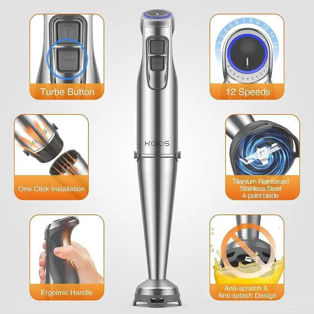 Alt view image 3 of 7 - KOIOS 1100W Immersion Hand Blender, Stainless Steel Stick Blender with 12-Speed & Turbo Mode, 5-in-1 Handheld Blender with 600ml Mixing Beaker with Lid, 500ml Chopper, Whisk, Milk Frother, BPA-Free