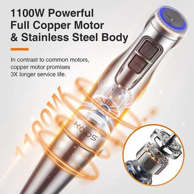Alt view image 2 of 7 - KOIOS 1100W Immersion Hand Blender, Stainless Steel Stick Blender with 12-Speed & Turbo Mode, 5-in-1 Handheld Blender with 600ml Mixing Beaker with Lid, 500ml Chopper, Whisk, Milk Frother, BPA-Free