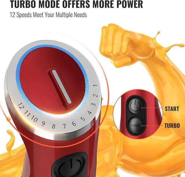 Alt view image 3 of 6 - KOIOS 5-in-1 Hand Immersion Blender, 1000W 12 Speed Handheld Blender, Copper Motor Stainless Steel Blade Stick Blender,600ml Mixing Beaker,500ml Food Processor, Whisk, Milk Frother, BPA-Free, Red
