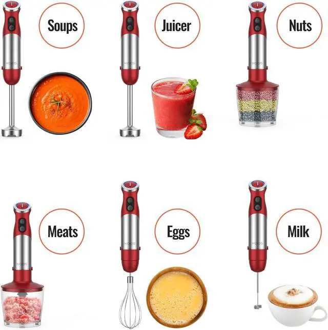 Alt view image 2 of 6 - KOIOS 5-in-1 Hand Immersion Blender, 1000W 12 Speed Handheld Blender, Copper Motor Stainless Steel Blade Stick Blender,600ml Mixing Beaker,500ml Food Processor, Whisk, Milk Frother, BPA-Free, Red