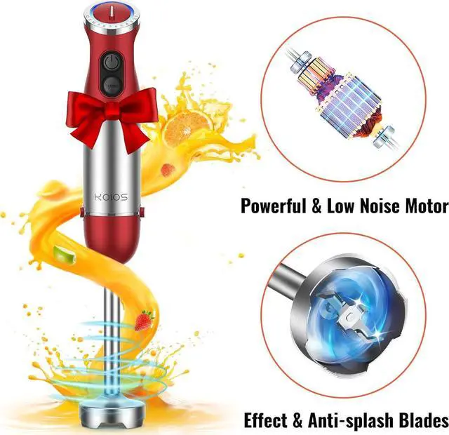 Alt view image 4 of 6 - KOIOS 5-in-1 Hand Immersion Blender, 1000W 12 Speed Handheld Blender, Copper Motor Stainless Steel Blade Stick Blender,600ml Mixing Beaker,500ml Food Processor, Whisk, Milk Frother, BPA-Free, Red