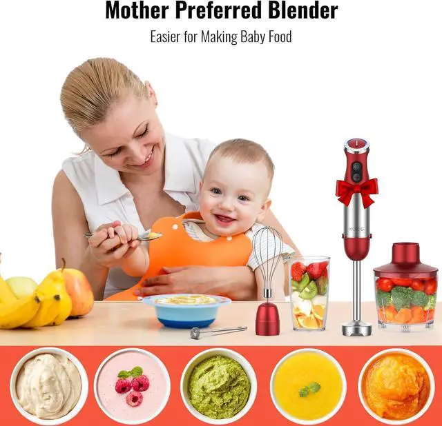Alt view image 6 of 6 - KOIOS 5-in-1 Hand Immersion Blender, 1000W 12 Speed Handheld Blender, Copper Motor Stainless Steel Blade Stick Blender,600ml Mixing Beaker,500ml Food Processor, Whisk, Milk Frother, BPA-Free, Red