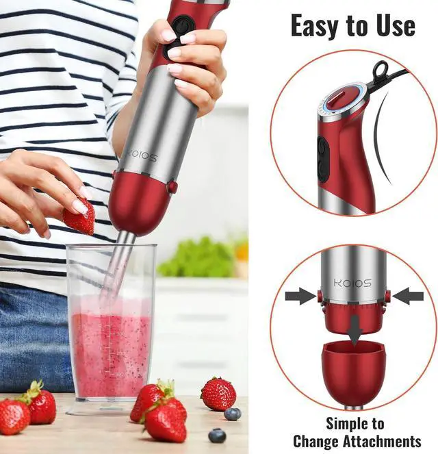 Alt view image 5 of 6 - KOIOS 5-in-1 Hand Immersion Blender, 1000W 12 Speed Handheld Blender, Copper Motor Stainless Steel Blade Stick Blender,600ml Mixing Beaker,500ml Food Processor, Whisk, Milk Frother, BPA-Free, Red