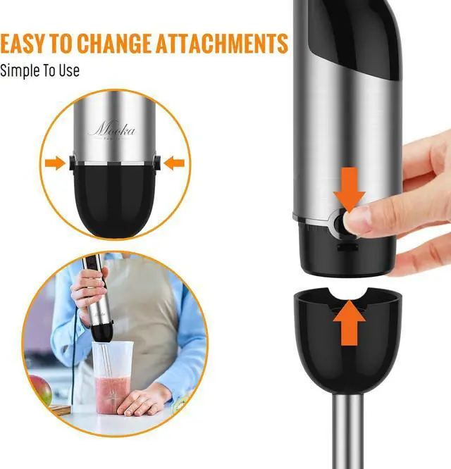 Alt view image 5 of 7 - Mooka Immersion Blender Handheld, 1100W 5-in-1 Multi-Purpose Hand Blender, 12-Speed Stick Blender, 600ml Beaker, 500ml Chopper, Egg Whisk, Milk Frother, Black