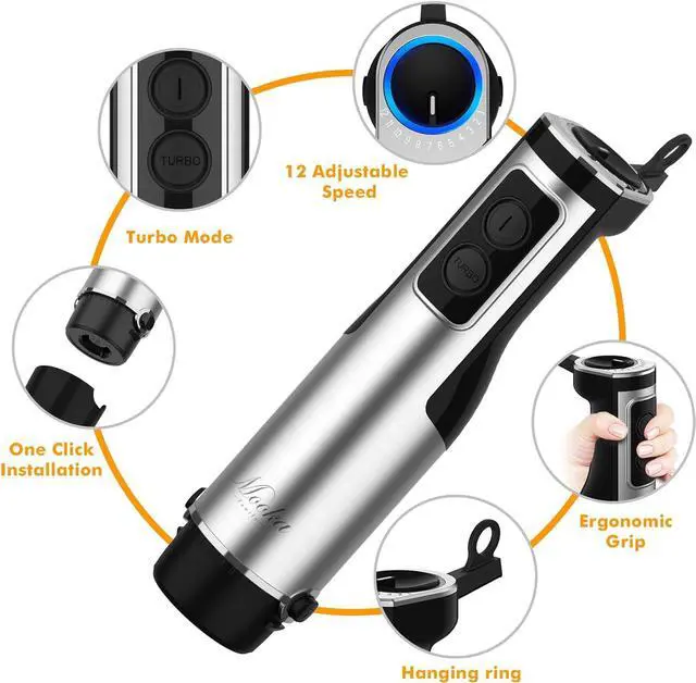 Alt view image 6 of 7 - Mooka Immersion Blender Handheld, 1100W 5-in-1 Multi-Purpose Hand Blender, 12-Speed Stick Blender, 600ml Beaker, 500ml Chopper, Egg Whisk, Milk Frother, Black
