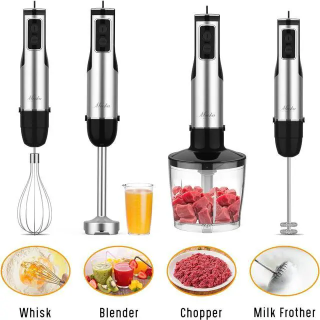 Alt view image 3 of 7 - Mooka Immersion Blender Handheld, 1100W 5-in-1 Multi-Purpose Hand Blender, 12-Speed Stick Blender, 600ml Beaker, 500ml Chopper, Egg Whisk, Milk Frother, Black