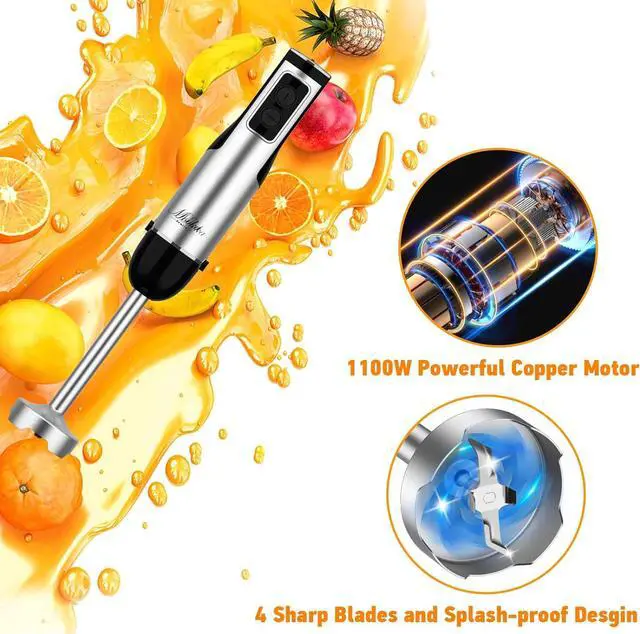 Alt view image 2 of 7 - Mooka Immersion Blender Handheld, 1100W 5-in-1 Multi-Purpose Hand Blender, 12-Speed Stick Blender, 600ml Beaker, 500ml Chopper, Egg Whisk, Milk Frother, Black