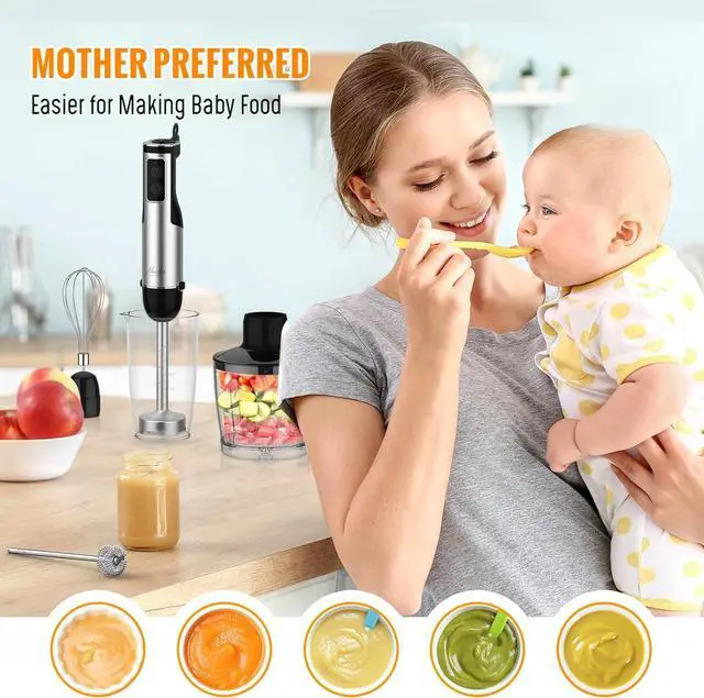 Alt view image 4 of 7 - Mooka Immersion Blender Handheld, 1100W 5-in-1 Multi-Purpose Hand Blender, 12-Speed Stick Blender, 600ml Beaker, 500ml Chopper, Egg Whisk, Milk Frother, Black