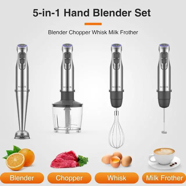 Alt view image 6 of 7 - KOIOS 1100W Immersion Hand Blender, Stainless Steel Stick Blender with 12-Speed & Turbo Mode, 5-in-1 Handheld Blender with 600ml Mixing Beaker with Lid, 500ml Chopper, Whisk, Milk Frother, BPA-Free