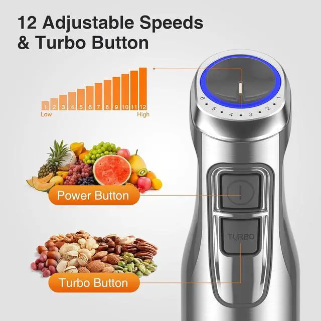 Alt view image 5 of 7 - KOIOS 1100W Immersion Hand Blender, Stainless Steel Stick Blender with 12-Speed & Turbo Mode, 5-in-1 Handheld Blender with 600ml Mixing Beaker with Lid, 500ml Chopper, Whisk, Milk Frother, BPA-Free