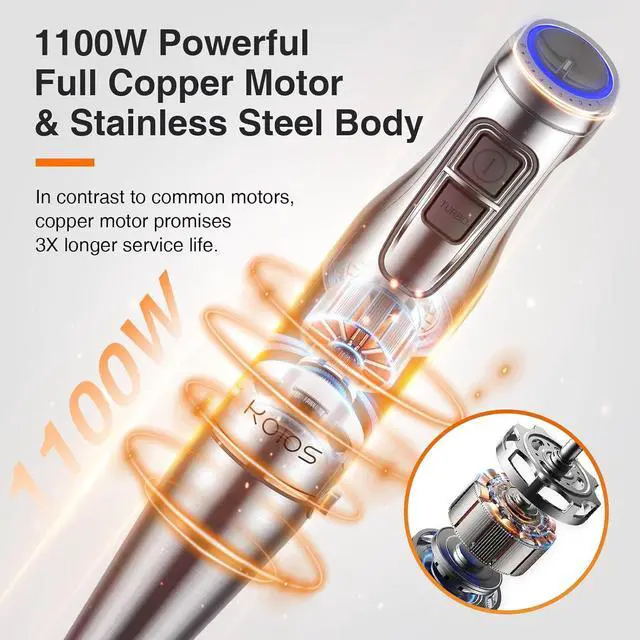 Alt view image 2 of 7 - KOIOS 1100W Immersion Hand Blender, Stainless Steel Stick Blender with 12-Speed & Turbo Mode, 5-in-1 Handheld Blender with 600ml Mixing Beaker with Lid, 500ml Chopper, Whisk, Milk Frother, BPA-Free