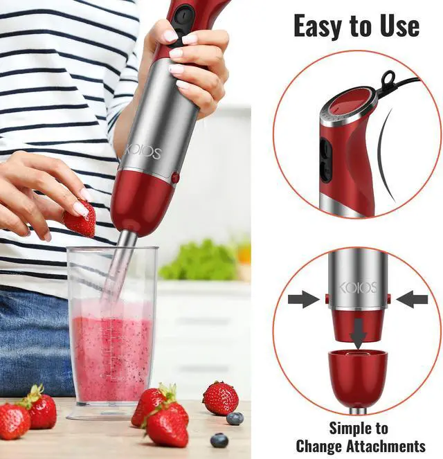 Alt view image 5 of 6 - KOIOS 5-in-1 Hand Immersion Blender, 1000W 12 Speed Handheld Blender, Copper Motor Stainless Steel Blade Stick Blender,600ml Mixing Beaker,500ml Food Processor, Whisk, Milk Frother, Non-BPA, Red