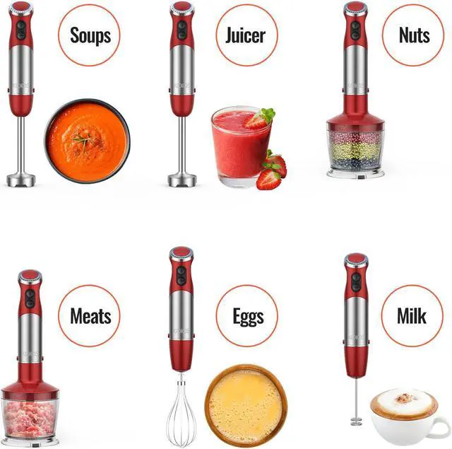 Alt view image 2 of 6 - KOIOS 5-in-1 Hand Immersion Blender, 1000W 12 Speed Handheld Blender, Copper Motor Stainless Steel Blade Stick Blender,600ml Mixing Beaker,500ml Food Processor, Whisk, Milk Frother, Non-BPA, Red