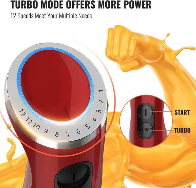 Alt view image 3 of 6 - KOIOS 5-in-1 Hand Immersion Blender, 1000W 12 Speed Handheld Blender, Copper Motor Stainless Steel Blade Stick Blender,600ml Mixing Beaker,500ml Food Processor, Whisk, Milk Frother, Non-BPA, Red