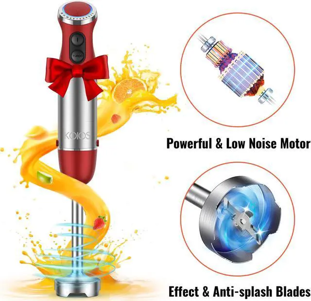 Alt view image 4 of 6 - KOIOS 5-in-1 Hand Immersion Blender, 1000W 12 Speed Handheld Blender, Copper Motor Stainless Steel Blade Stick Blender,600ml Mixing Beaker,500ml Food Processor, Whisk, Milk Frother, Non-BPA, Red