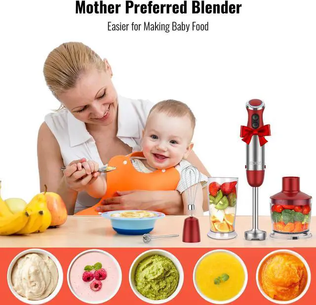 Alt view image 6 of 6 - KOIOS 5-in-1 Hand Immersion Blender, 1000W 12 Speed Handheld Blender, Copper Motor Stainless Steel Blade Stick Blender,600ml Mixing Beaker,500ml Food Processor, Whisk, Milk Frother, Non-BPA, Red
