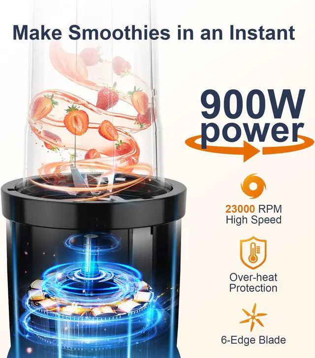 Alt view image 3 of 7 - KOIOS 900W Smoothie Blender, Personal Blender for Shakes and Smoothies with 2 No-BPA 22 oz Portable Blender Bottles and To-Go Lids, Single Serve Mixer Blender for Juices Baby Food, Nutritious Recipe