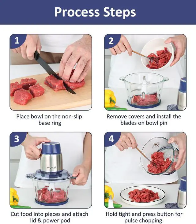 Alt view image 5 of 7 - KOIOS Small Food Processor with 2 Bowls (8 Cup+8 Cup) & 2 Sets Bi-level Blade, 2L Electric Food Chopper Meat Grinder for Meat/Vegetable/Fruits/Nuts/Baby Food, 500W, 2 Speed Modes