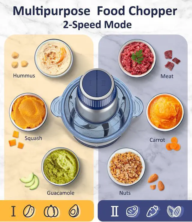 Alt view image 4 of 7 - KOIOS Small Food Processor with 2 Bowls (8 Cup+8 Cup) & 2 Sets Bi-level Blade, 2L Electric Food Chopper Meat Grinder for Meat/Vegetable/Fruits/Nuts/Baby Food, 500W, 2 Speed Modes