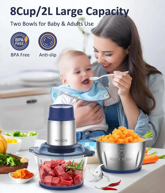 Alt view image 2 of 7 - KOIOS Small Food Processor with 2 Bowls (8 Cup+8 Cup) & 2 Sets Bi-level Blade, 2L Electric Food Chopper Meat Grinder for Meat/Vegetable/Fruits/Nuts/Baby Food, 500W, 2 Speed Modes