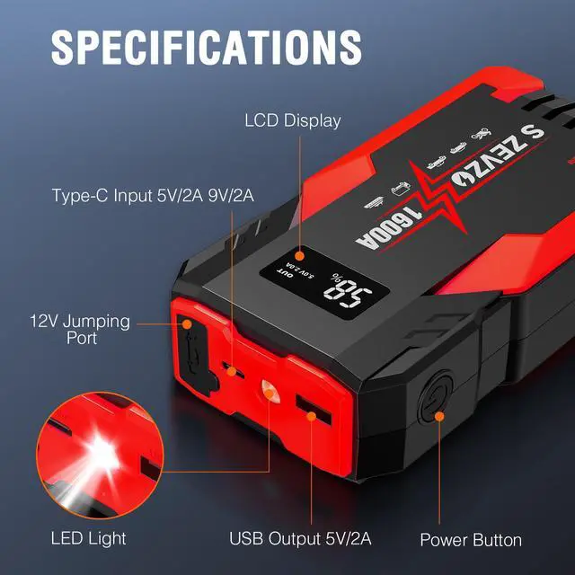 Alt view image 6 of 7 - SZEVZO 1600A 8000mAh Car Jump Starter Booster Jumper Box Power Bank Battery Charger