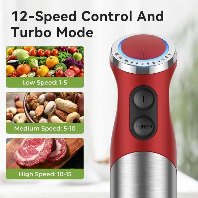 Alt view image 3 of 7 - TENKER 5-in-1 Hand Immersion Blender, 12 Speed Handheld Blender, Copper Motor Stainless Steel Blade Stick Blender,600ml Mixing Beaker,500ml Food Processor, Whisk, Milk Frother, BPA-Free, Red