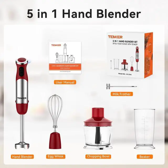 Alt view image 6 of 7 - TENKER 5-in-1 Hand Immersion Blender, 12 Speed Handheld Blender, Copper Motor Stainless Steel Blade Stick Blender,600ml Mixing Beaker,500ml Food Processor, Whisk, Milk Frother, BPA-Free, Red
