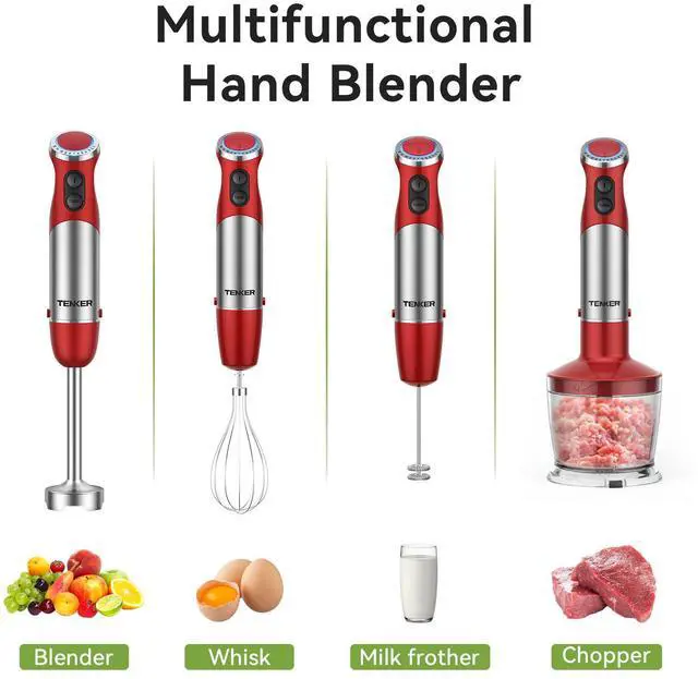 Alt view image 4 of 7 - TENKER 5-in-1 Hand Immersion Blender, 12 Speed Handheld Blender, Copper Motor Stainless Steel Blade Stick Blender,600ml Mixing Beaker,500ml Food Processor, Whisk, Milk Frother, BPA-Free, Red