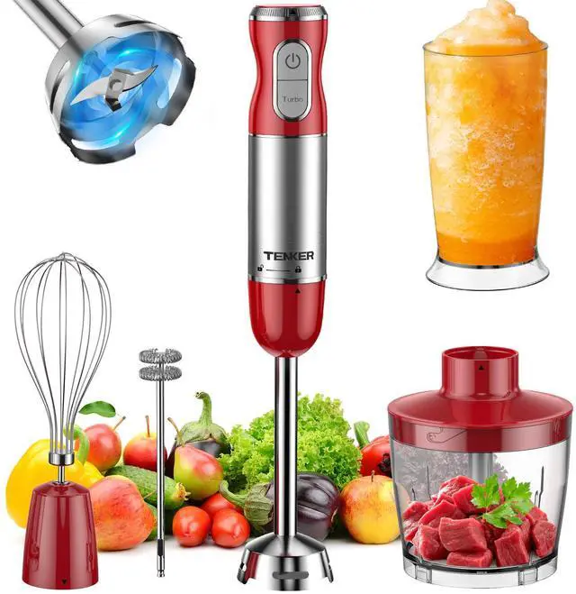 Main image of TENKER HB-2016A 5-in-1 Hand Immersion Blender, 30 Speeds Handheld Blender, Copper Motor Stainless Steel Blade Stick Blender,600ml Mixing Beaker,500ml Food Processor, Whisk, Milk Frother, BPA-Free, Red