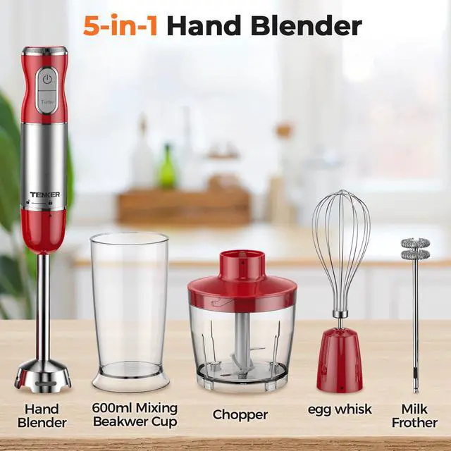 Alt view image 2 of 7 - TENKER HB-2016A 5-in-1 Hand Immersion Blender, 30 Speeds Handheld Blender, Copper Motor Stainless Steel Blade Stick Blender,600ml Mixing Beaker,500ml Food Processor, Whisk, Milk Frother, BPA-Free, Red