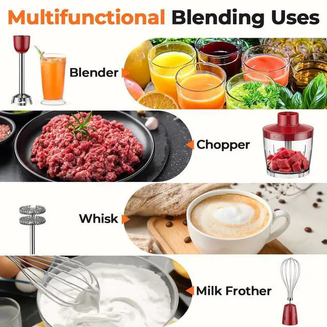 Alt view image 3 of 7 - TENKER HB-2016A 5-in-1 Hand Immersion Blender, 30 Speeds Handheld Blender, Copper Motor Stainless Steel Blade Stick Blender,600ml Mixing Beaker,500ml Food Processor, Whisk, Milk Frother, BPA-Free, Red