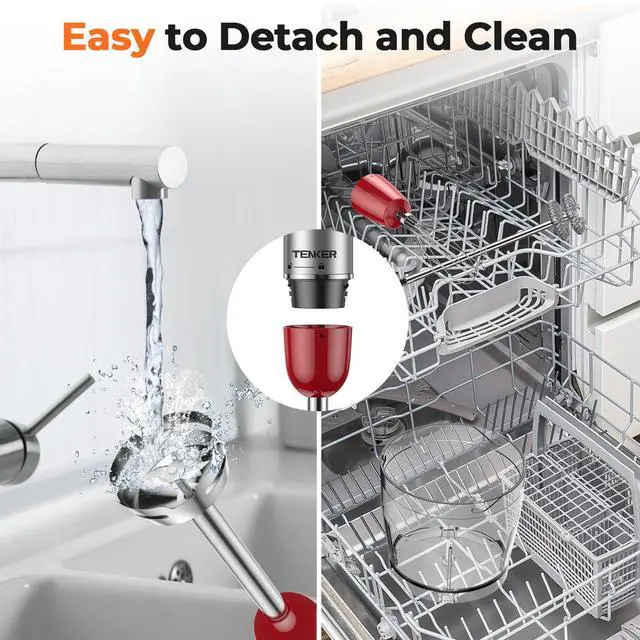 Alt view image 6 of 7 - TENKER HB-2016A 5-in-1 Hand Immersion Blender, 30 Speeds Handheld Blender, Copper Motor Stainless Steel Blade Stick Blender,600ml Mixing Beaker,500ml Food Processor, Whisk, Milk Frother, BPA-Free, Red