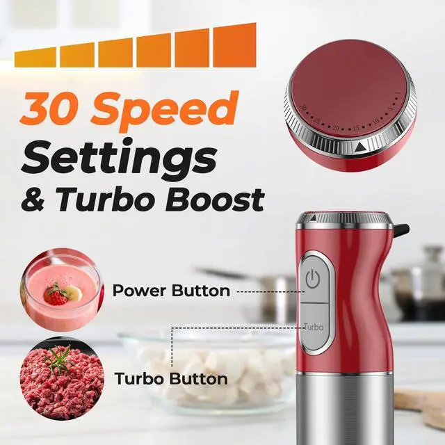 Alt view image 4 of 7 - TENKER HB-2016A 5-in-1 Hand Immersion Blender, 30 Speeds Handheld Blender, Copper Motor Stainless Steel Blade Stick Blender,600ml Mixing Beaker,500ml Food Processor, Whisk, Milk Frother, BPA-Free, Red