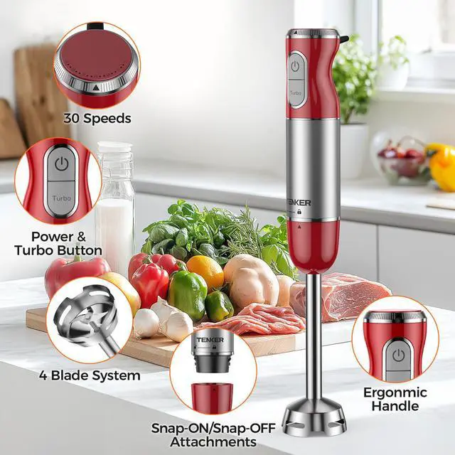 Alt view image 5 of 7 - TENKER HB-2016A 5-in-1 Hand Immersion Blender, 30 Speeds Handheld Blender, Copper Motor Stainless Steel Blade Stick Blender,600ml Mixing Beaker,500ml Food Processor, Whisk, Milk Frother, BPA-Free, Red